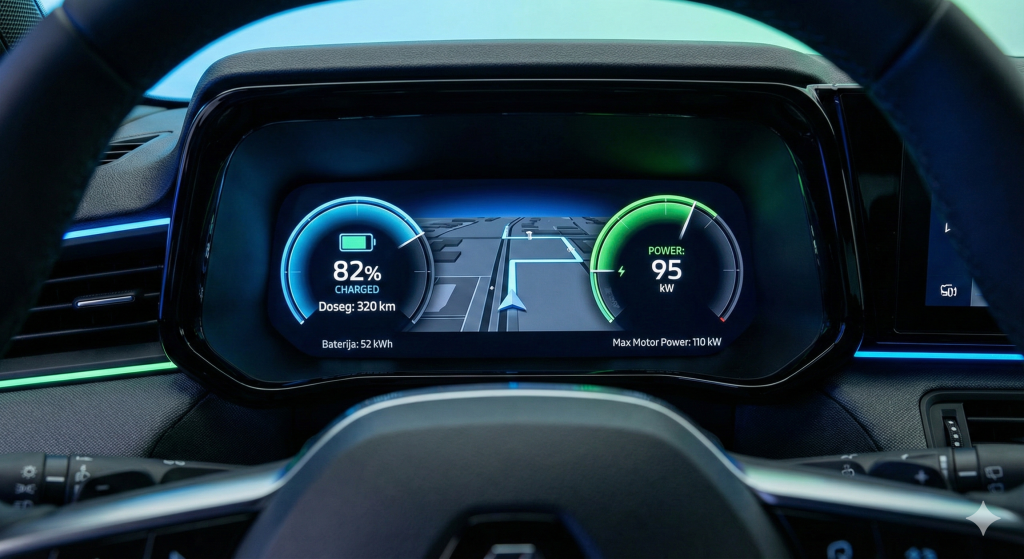 Digitalni zaslon električnega vozila (armaturna plošča), ki na levi prikazuje napolnjenost baterije (kWh) in doseg, na desni pa trenutno moč motorja (kW).