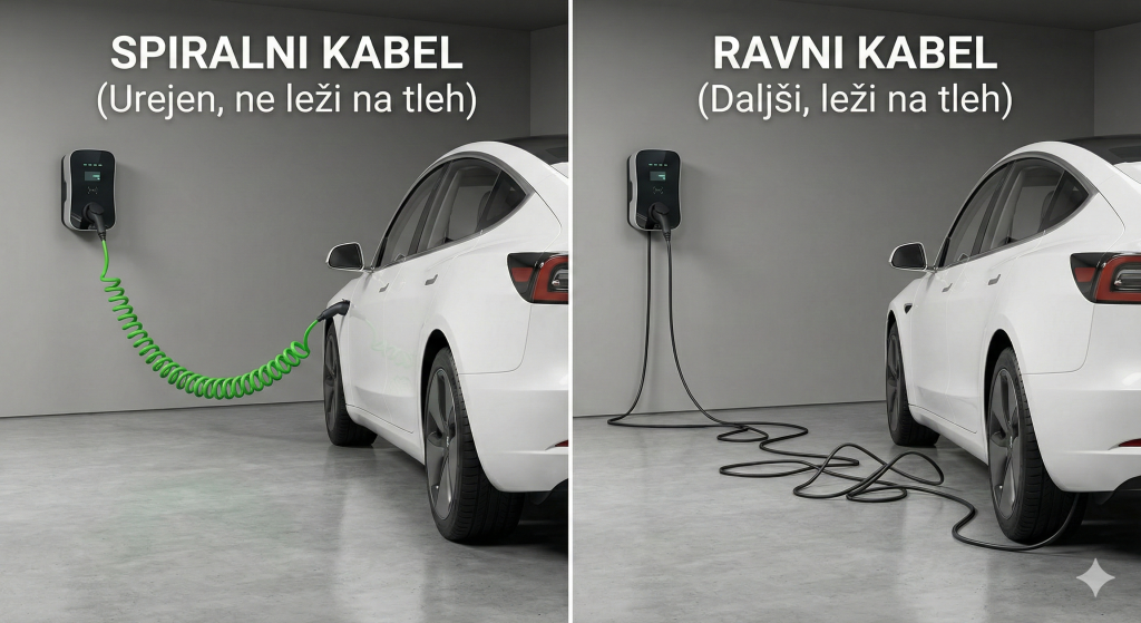 Primerjava polnilnih kablov za električni avto: levo spiralni kabel, ki ne sega do tal, desno ravni kabel, ki leži na tleh.
